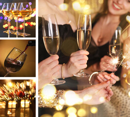 Christmas and New Year celebration. Festive themed collage of pictures with wine and bokeh lights