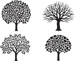 Four Black Silhouette Trees With Different Foliage Designs On White Keywords: tree, silhouette, black, white