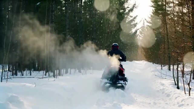 Snowmobile on forest trail