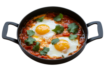 Delicious shakshuka featuring sunny side up eggs simmers in a pan with vibrant tomato sauce and fresh cilantro, a perfect brunch or light meal option