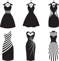 Six black silhouette outlines of designer dresses on hangers on white background women