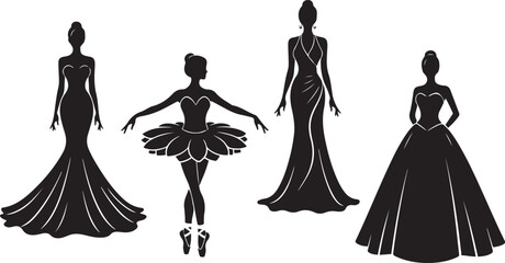 Silhouettes of women in elegant gowns and a ballerina woman female