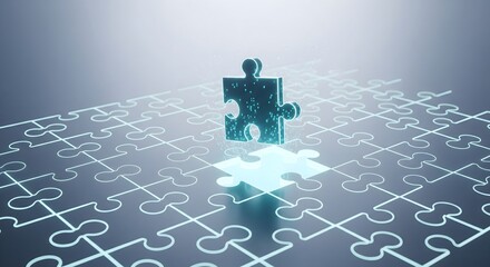 3D rendered illustration of a glowing, missing puzzle piece completing a complex digital grid, representing problem solving, solution, and high technology.
