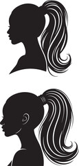 Two Black Silhouettes of Women's Profiles with Ponytail Hairstyles woman female