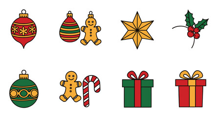 Fototapeta premium Christmas ornaments gingerbread man star holly berries candy cane gift box