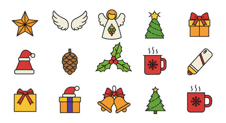 Fototapeta premium Christmas tree angel star gift box bell mug holly pinecone Santa hat wings