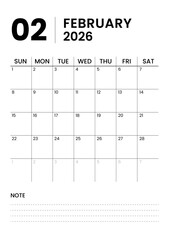 Printable Monthly Calendar Template for February 2026. Minimalist Style Calendar in Portrait Format. Week Starts on Sunday. Calendar Planner for 2026 year.