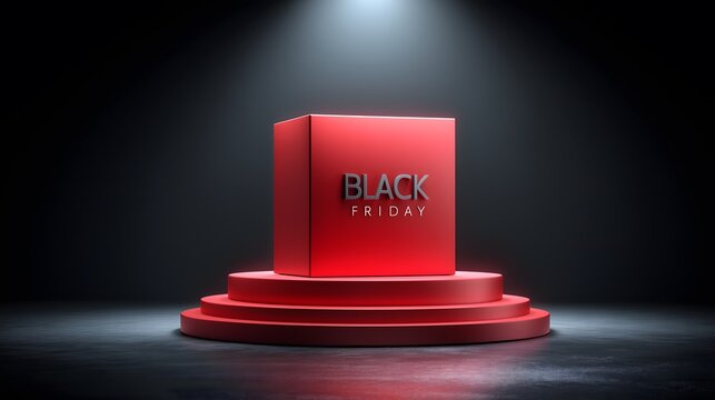 Red cube with Black Friday text displayed on a circular pedestal under dramatic spotlight, creating an engaging promotional atmosphere for holiday shopping events