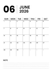Printable Monthly Calendar Template for June 2026. Minimalist Style Calendar in Portrait Format. Week Starts on Sunday. Calendar Planner for 2026 year.