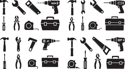 Construction and Hand Tools Glyph Icons Set: Hammer, Drill, Wrench, Screwdriver, and Toolbox Silhouettes