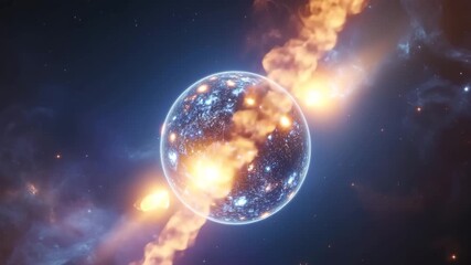 Cosmic planet with fiery ring nebula and distant stars in deep space exploration cosmos 4K Ai HD high quality video.	
