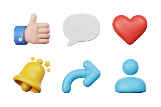 Engaging 3D social media icons for modern marketing, perfect for boosting online presence and enhancing digital engagement, thumbs up, chat, heart, notification