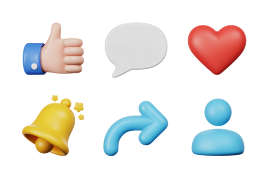 Engaging 3D social media icons for modern marketing, perfect for boosting online presence and enhancing digital engagement, thumbs up, chat, heart, notification