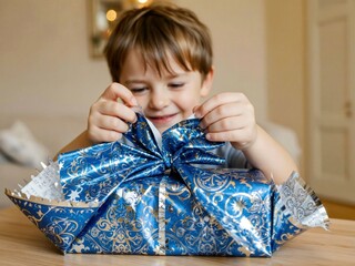 Happy boy unwrapping a gift with excitement in a cozy indoor setting