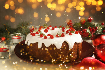 Tasty Christmas cake with red currants, fir branches, candles and festive balls on table. Bokeh lights