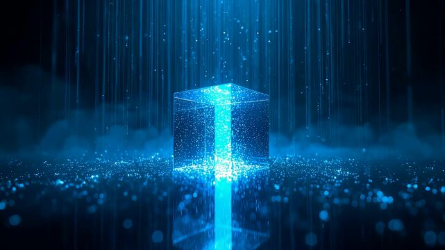 Glowing blue digital cube surrounded by shimmering particles and vertical light streams, creating a high-tech abstract scene with deep atmospheric energy