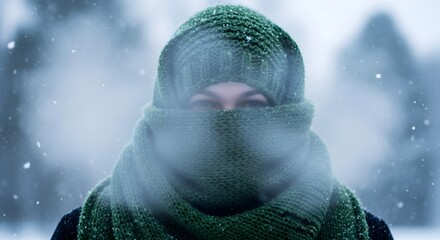 Woman bundled in warm green knitwear braves snowy winter weather, eyes peeking through