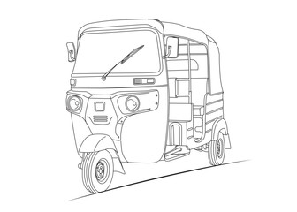 CNG line art, detailed black and white line art illustration of an auto rickshaw,
also known as a CNG or tuk tuk. Perfect for transport design, city illustration,
coloring books, vector art,