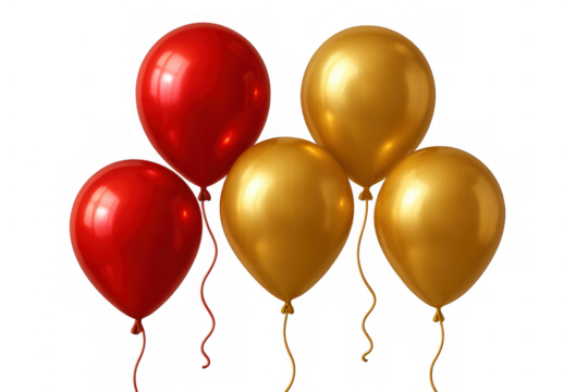 Red and gold balloons floating against a transparent background, symbolizing celebration, party, and festive design elements - Powered by Adobe