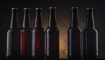 Row of dark brown beer bottles