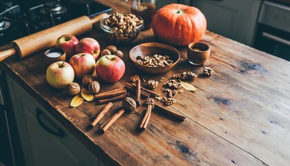 Rustic wooden kitchen counter with food high resolution photo