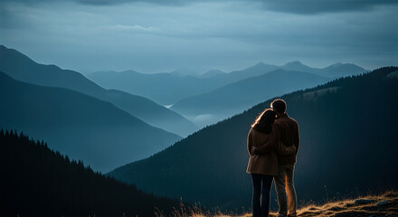 Romantic couple embracing and admiring the vast layered mountain vista during the atmospheric blue hour twilight.