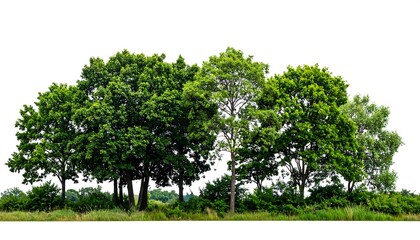 Row of lush green trees against a white background