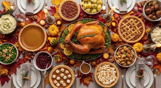 Thanksgiving dinner: overhead styled table with pies, turkey, and autumn foliage decor, captured with photoreal editorial detail. Holiday and Food concept