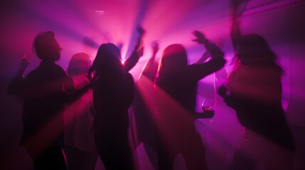 Energetic nightclub scene young adults dance vibrant neon lights capture youthful nightlife celebration motion blur