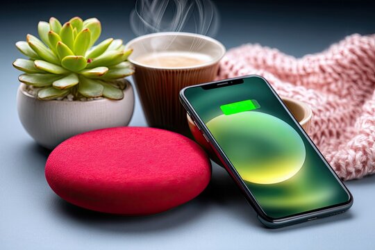 A close-up shot of a succulent plant in a pot, a cup of steaming coffee, a smartphone with a charging battery icon, and a pink knitted blanket.