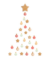 Christmas tree shape made of festive cookies on white background