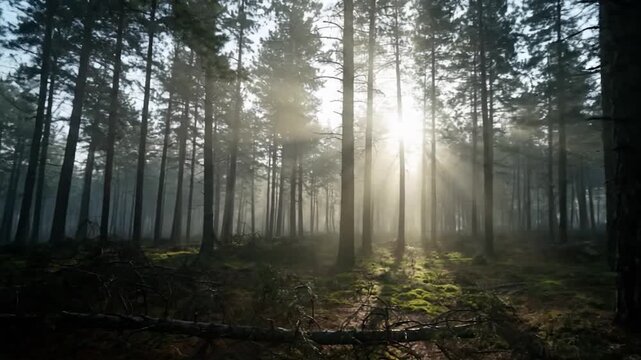 A sunlit forest scene, with tall trees and dappled light filtering through the branches and mist
