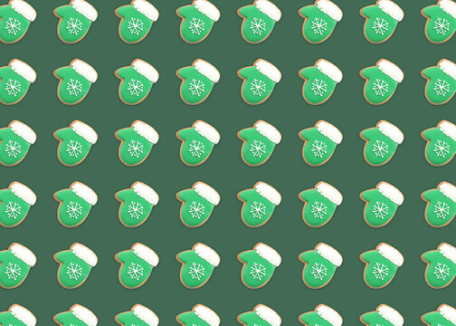 Christmas cookies on green background, top view. Pattern design