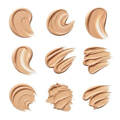 Various swatches and textures of foundation makeup on a white background