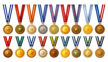 Row of various medals on ribbons