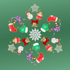 Snowflake shape made of Christmas festive decor and cookies on pastel green background