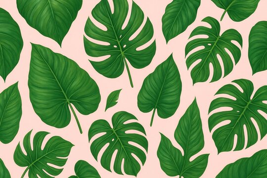Tropical monstera leaves pattern on pink background