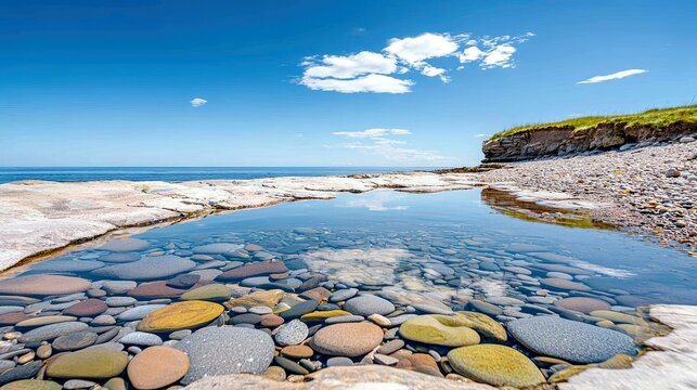 A clear tide pool on a rocky shore reveals colorful stones beneath the surface, with the ocean and sky visible beyond.