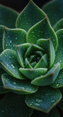 Obraz premium Macro shot highlighting glistening water droplets clinging to the waxy surface of a healthy, vibrant green rosette succulent plant leaves ,healthy ,freshness ,waxy