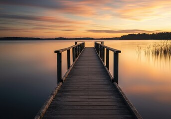 Obraz premium Serene waterscape featuring a long wooden dock extending into calm, reflective water, highlighted by warm, natural light and texture ,reflection ,plank ,landscape