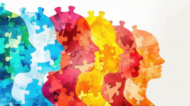 Colorful puzzle pieces forming silhouettes of diverse human heads, representing unity, diversity, and the complexity of human identity in a vibrant artistic composition
