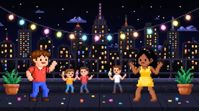 Pixelated night scene on a rooftop with people dancing amidst a cityscape and string lights