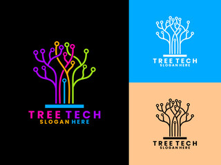 Tree tech abstract line art logo design vector template