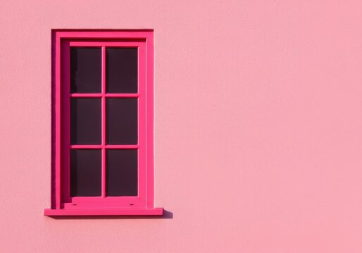 A bright pink window frame standing out against a plain wall, creating a vibrant, colorful, and modern architectural background or exterior view, bright, monochrome, wall