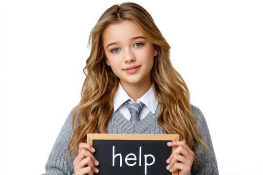 Young student girl holding help blackboard sign