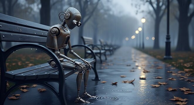 A lone, pensive robot sits on a wet park bench on a misty, rainy day, surrounded by fallen leaves, embodying solitude and reflection