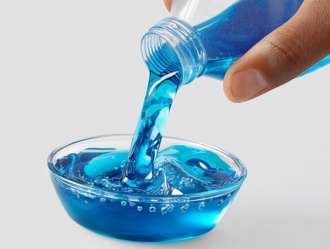  A Hand Pouring Blue Liquid Detergent Into A Measuring Cap, Visible Liquid Motion And Reflections, Perfect Lighting For Household Product Advertising, Isolated