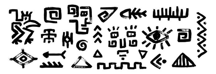 Fototapeta premium Mystical tribal symbol set merges african aztec maya ethnic idol logo icon vector influences in classic mexican style incorporating arrow, fishbone, eye, face, swirl elements on white background