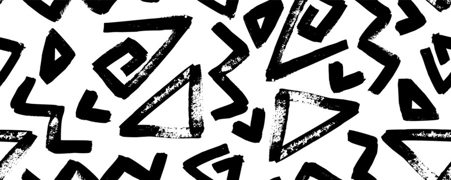 Dynamic seamless pattern with geometric brush triangle grange maze zig zag black abstract line vector motifs capturing punk aesthetic vibe