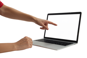 Engaged person points to laptop screen, displaying crucial data, perfect for illustrating tutorials, online learning, or showcasing software interface features